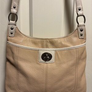 Coach Beige Leather Shoulder Bag with White Trim